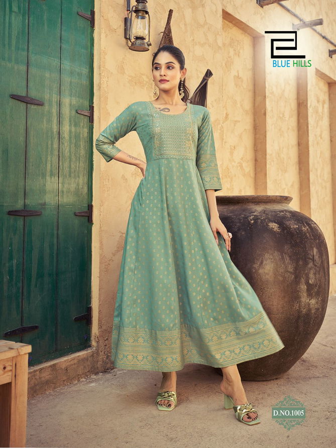 Urvashi By Blue Hills Rayon Embroidered Anarkali Long Kurti Wholesale In India